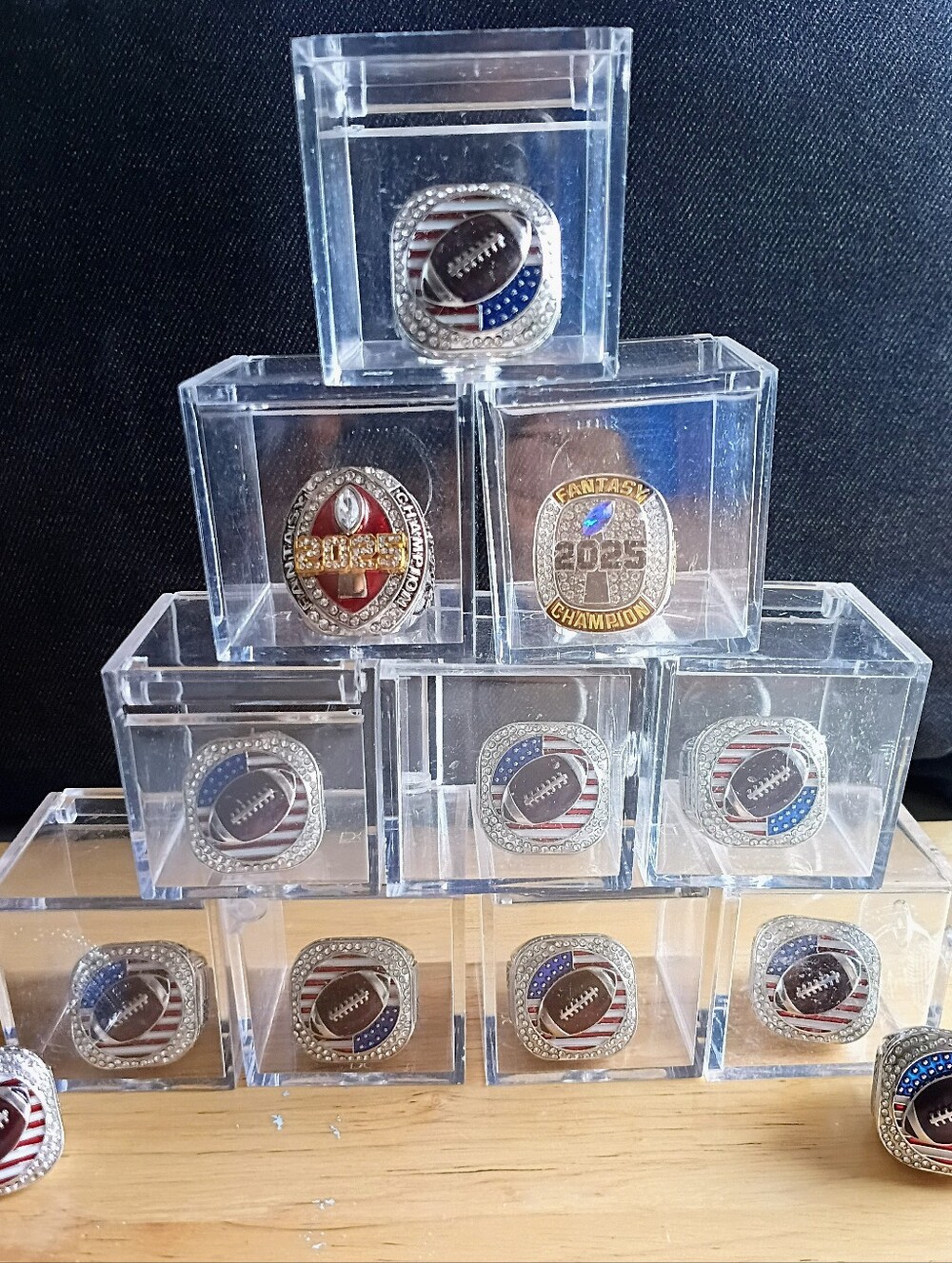 Lot of 12 Fantasy Football Championship Rings 2025 USA Flag Bling